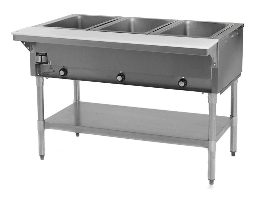 Eagle Group HT3-NG Stationary 3-Well Natural Gas Hot Food Table / Steam Table with Cutting Board and Open Base 48" - 10,500 BTU