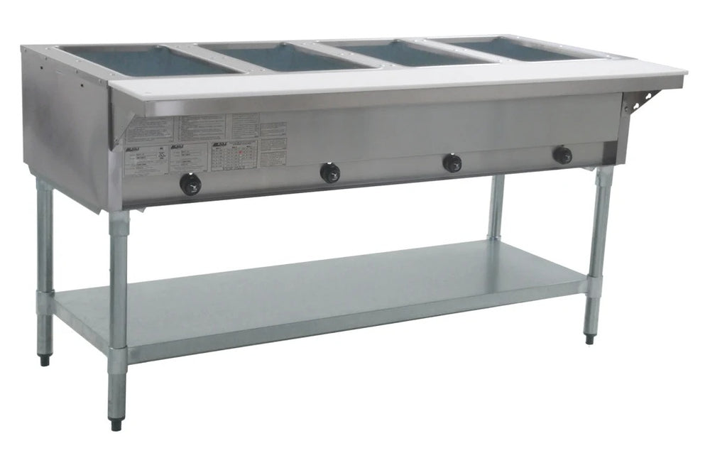 Eagle Group HT4-NG Stationary 4-Well Natural Gas Hot Food Table / Steam Table with Cutting Board and Open Base 63-1/2" - 14,000 BTU