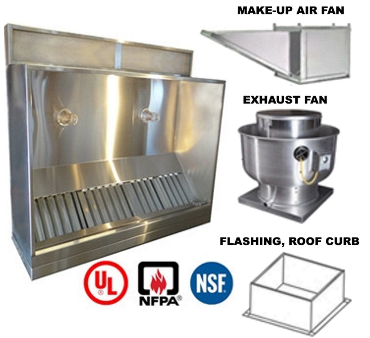 JRSPRO8-PFF 8ft Jean's Canopy Vent Hood with Plenum, Exhaust Fan, Make-up Air Fan and Flashing