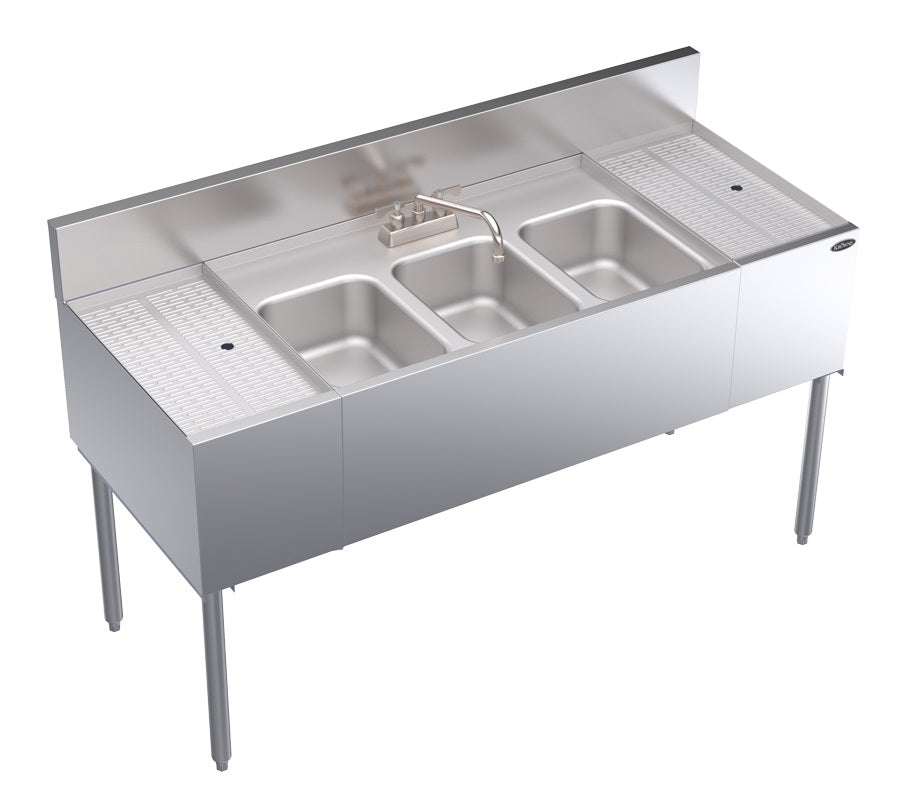 Krowne KR24-53C Royal Series Underbar 3-Compartment Stainless Steel Bar Sink with Faucet 60"W x 24"D - 2 Drainboards L/R 12"