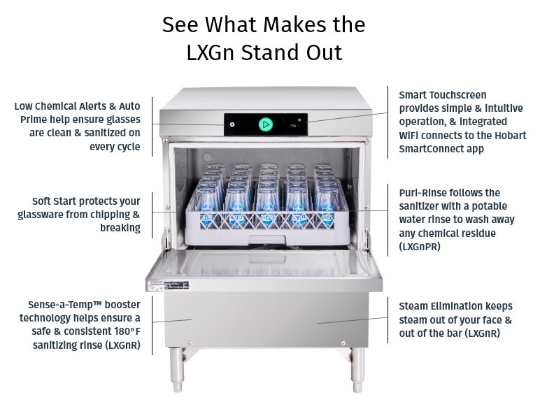Hobart LXGNPR-2 Advansys Chemical Sanitizing Low Temp Undercounter Glasswasher with PuriRinse - 38 Racks/Hour Capacity - 120v
