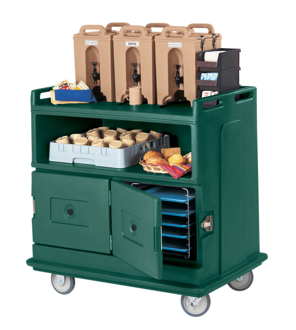 Cambro MDC24192 Beverage Service Cart with 1 Molded Top Counter, 1 Solid Undershelf and 2 Insulated Compartments with Doors 44-1/2"L x 30"W x 44"H - Granite Green