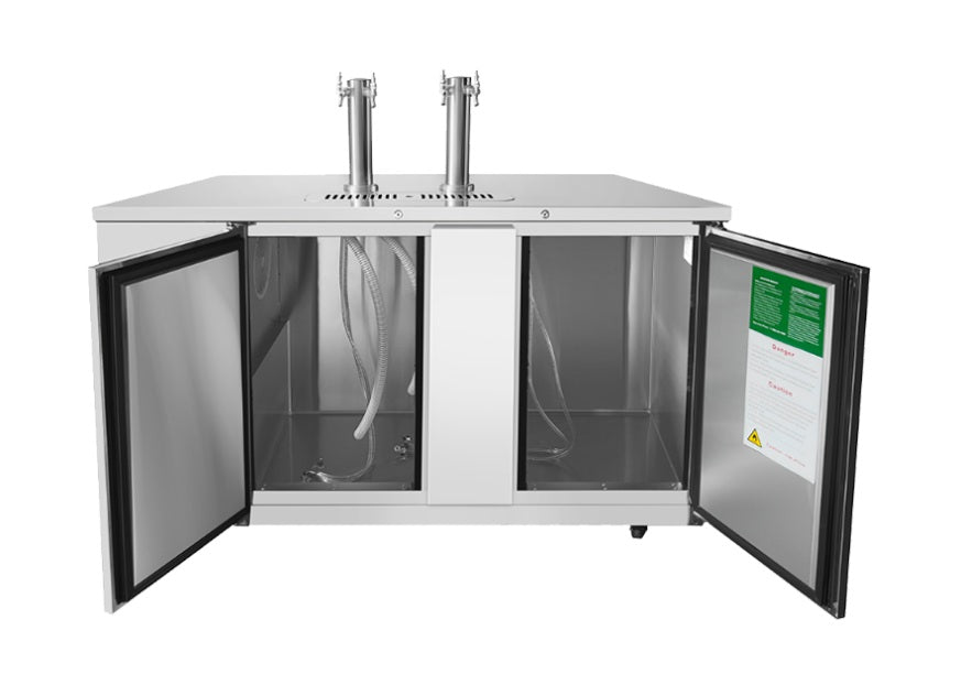 Atosa MKC68GR Stainless Steel 2-Section 2 Solid Door 2 Dual Tap Direct Draw Beer Cooler 68" - Holds (3) Half Barrels - 115v