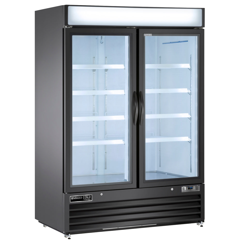 Maxx Cold MVMR48B V-Series Black 2-Section 2 Glass Slide Door Merchandiser Refrigerator 54" - 48 cu. ft. - 115v