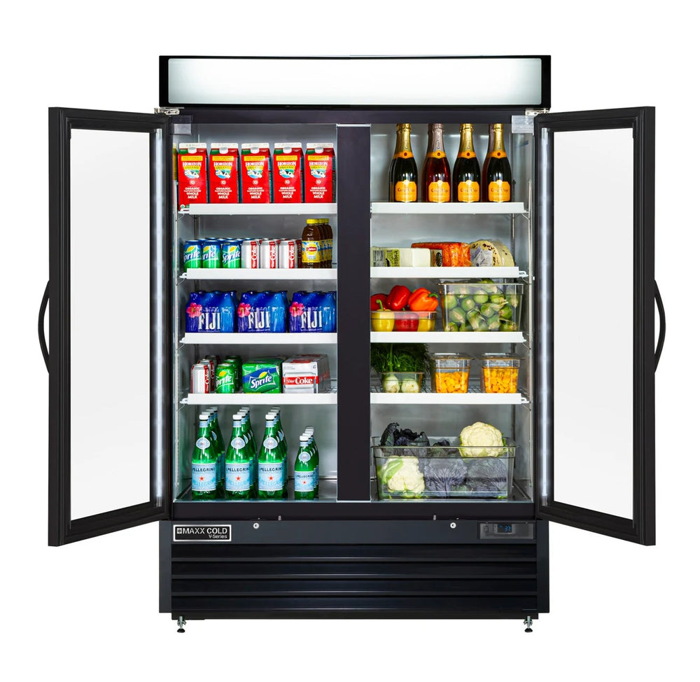 Maxx Cold MVMR48B V-Series Black 2-Section 2 Glass Slide Door Merchandiser Refrigerator 54" - 48 cu. ft. - 115v