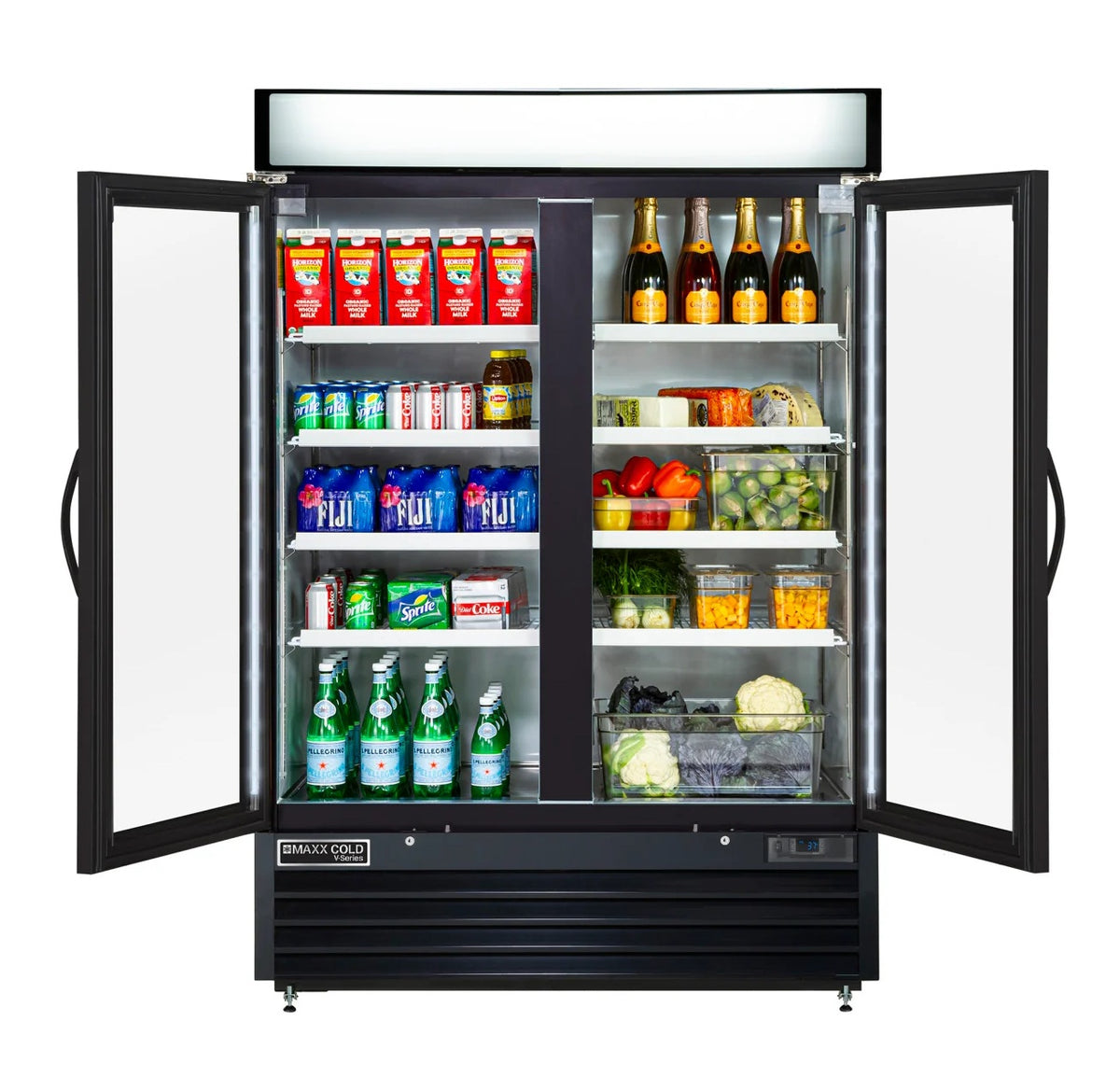 Maxx Cold MVMR48B V-Series Black 2-Section 2 Glass Slide Door Merchandiser Refrigerator 54" - 48 cu. ft. - 115v