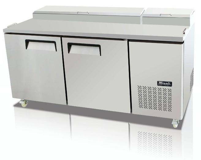 Migali C-PP67-HC Competitor Series 2-Section 2 Solid Door Refrigerated Pizza Prep Table 67" - Holds (9) 1/3 size pans - 20 cu. ft. - 115v