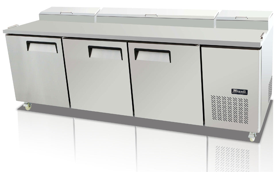Migali C-PP93-HC Competitor Series 3-Section 3 Solid Door Refrigerated Pizza Prep Table 93" - Holds (12) 1/3 size pans - 26 cu. ft. - 115v