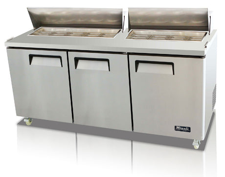 Migali C-SP72-18-HC Competitor Series 3-Section 3 Solid Door Standard Top Refrigerated Salad/Sandwich Prep Table 72" - Holds (18) 1/6 size panss - 22 cu.ft. - 115v