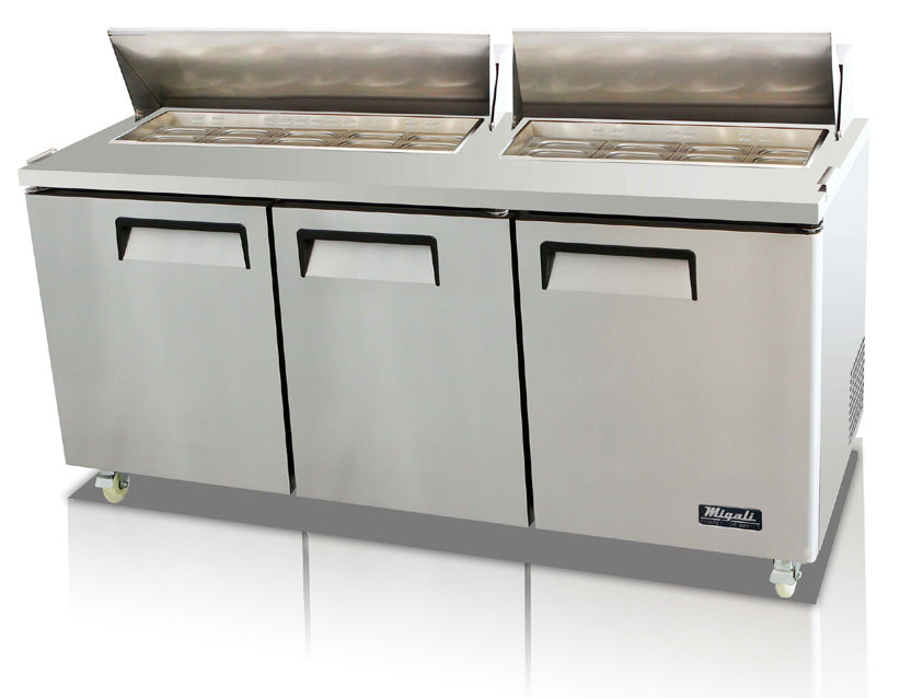 Migali C-SP72-30BT-HC Competitor Series 3-Section 3 Solid Door Big Top Refrigerated Salad/Sandwich Prep Table 72" - Holds (30) 1/6 size panss - 25.2 cu.ft. - 115v