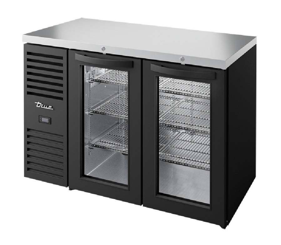 True TBR48-RISZ1-L-B-GG-1 Black 2 Glass Swing Door Single Zone Back Bar Refrigerator 48" - Holds (76) 6-pack cans or (43) 6-pack bottles - 115v