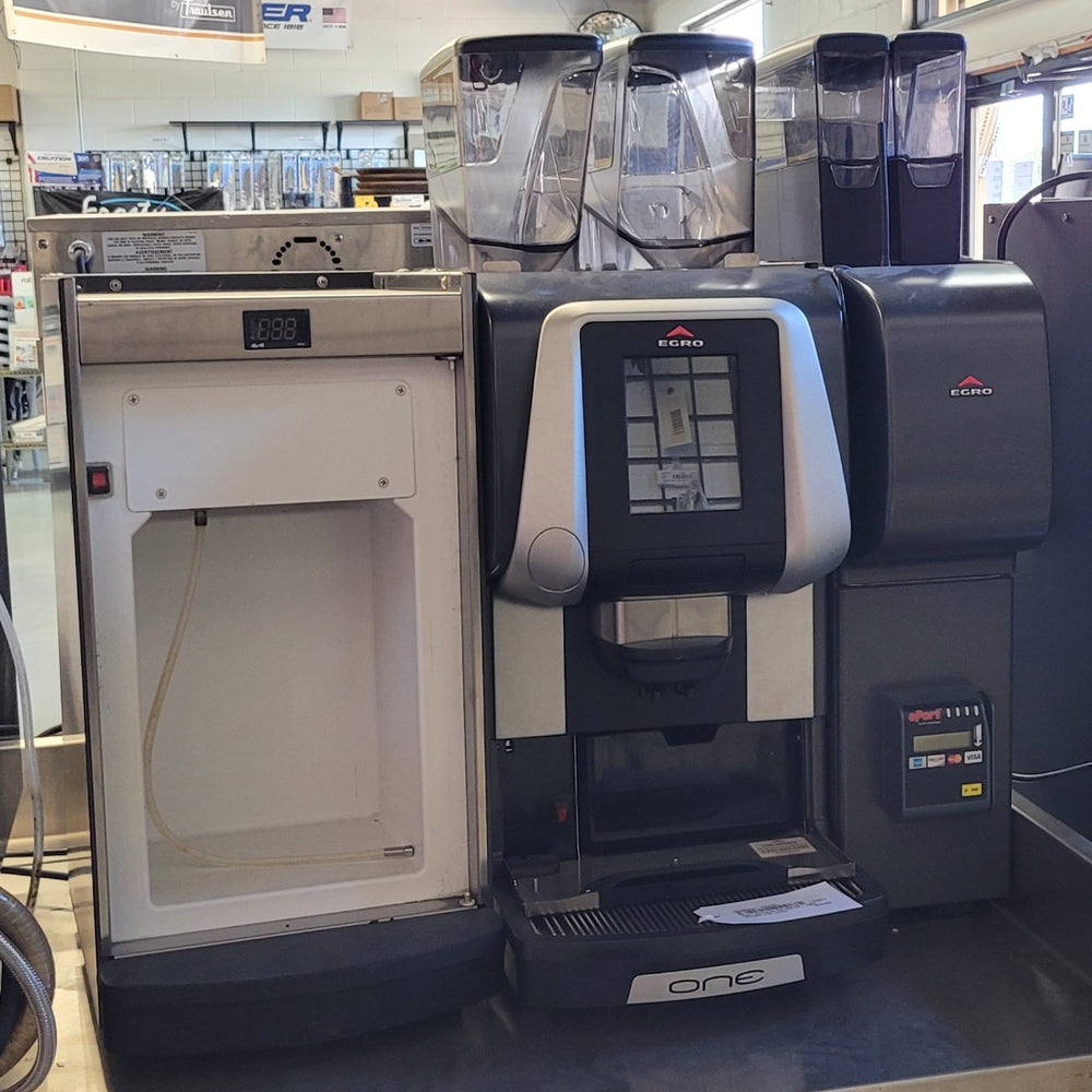 Used Egro USA EGRO ONE-TOUCH TOP MILK XP Super-Automatic Espresso Coffee Machine with a KS9 Countertop Single Gallon Milk Fridge and a Powder Module 30"W x23"D x 31"H - 220v