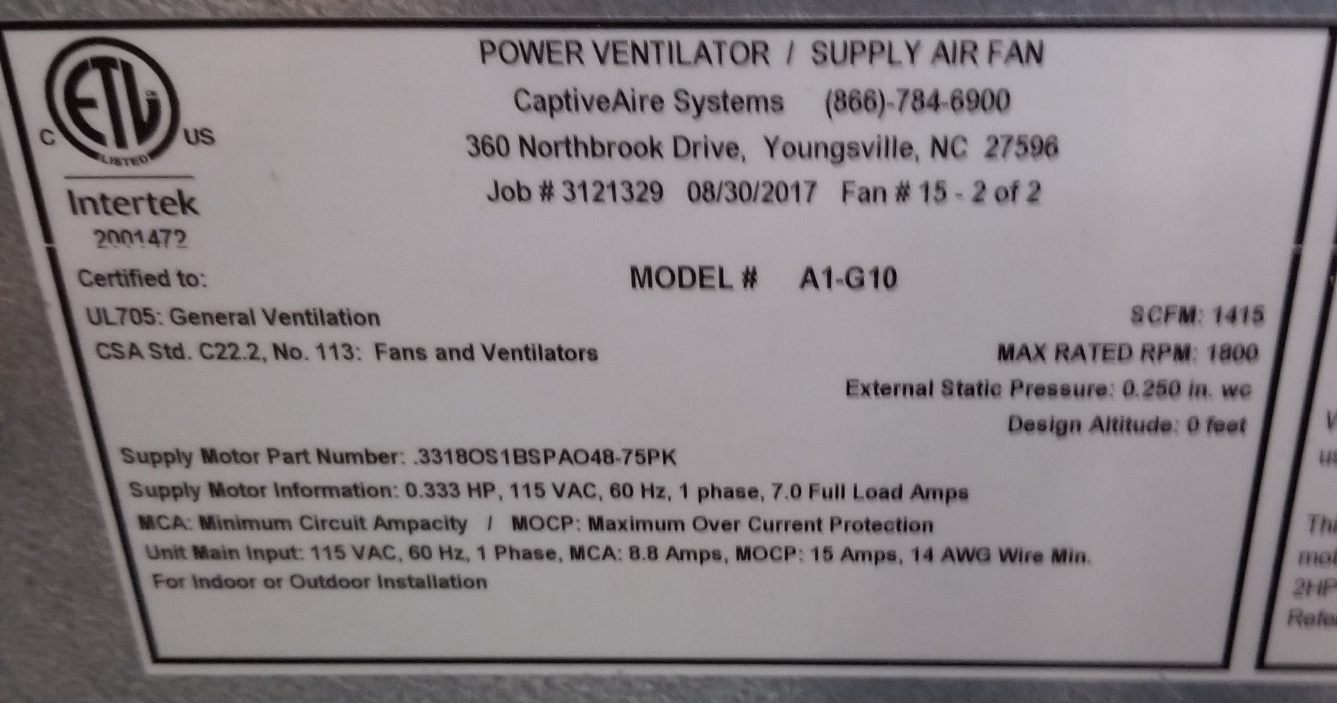 Used CaptiveAire A1-G10-1415 Make-Up Air Fan Filtered - 1415 CFM