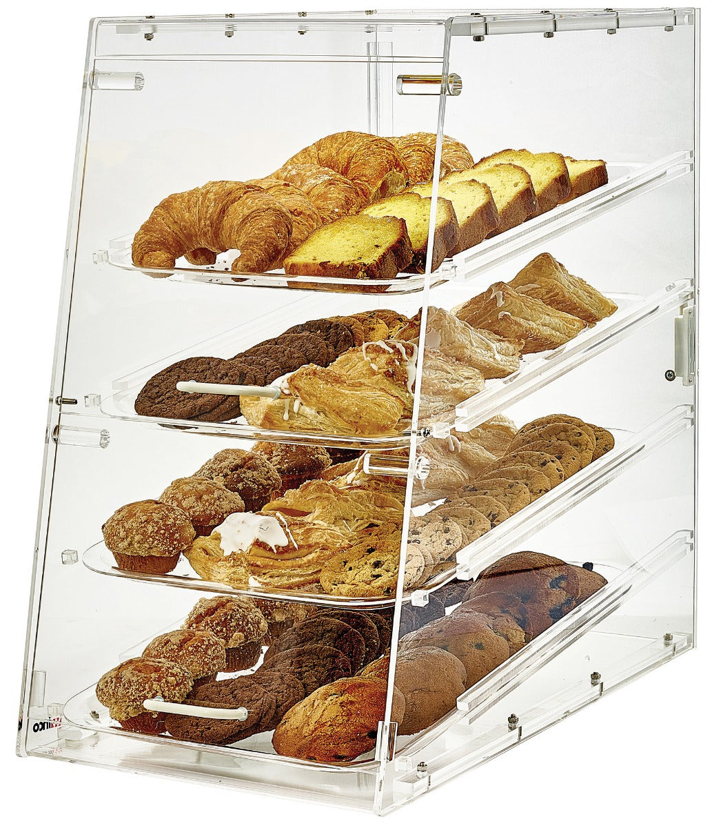 Winco ADC-4 Countertop Knock-Down 4-Tray Acrylic Tiered Display Case with Front & Rear Doors 14" x 24" x 24"H - Clear