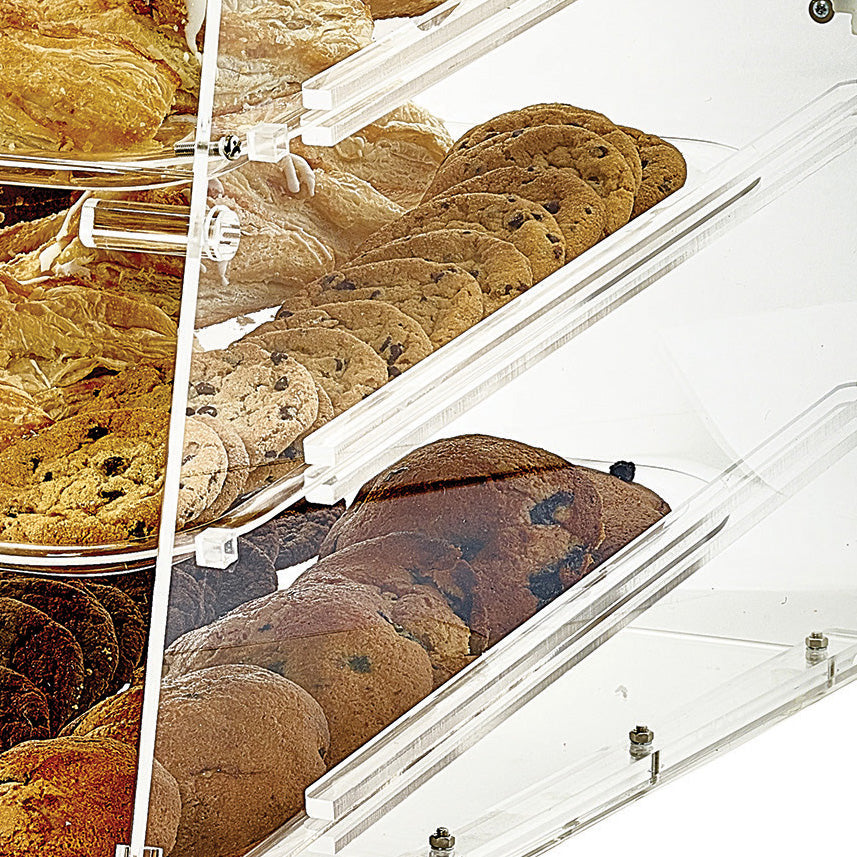Winco ADC-4 Countertop Knock-Down 4-Tray Acrylic Tiered Display Case with Front & Rear Doors 14" x 24" x 24"H - Clear