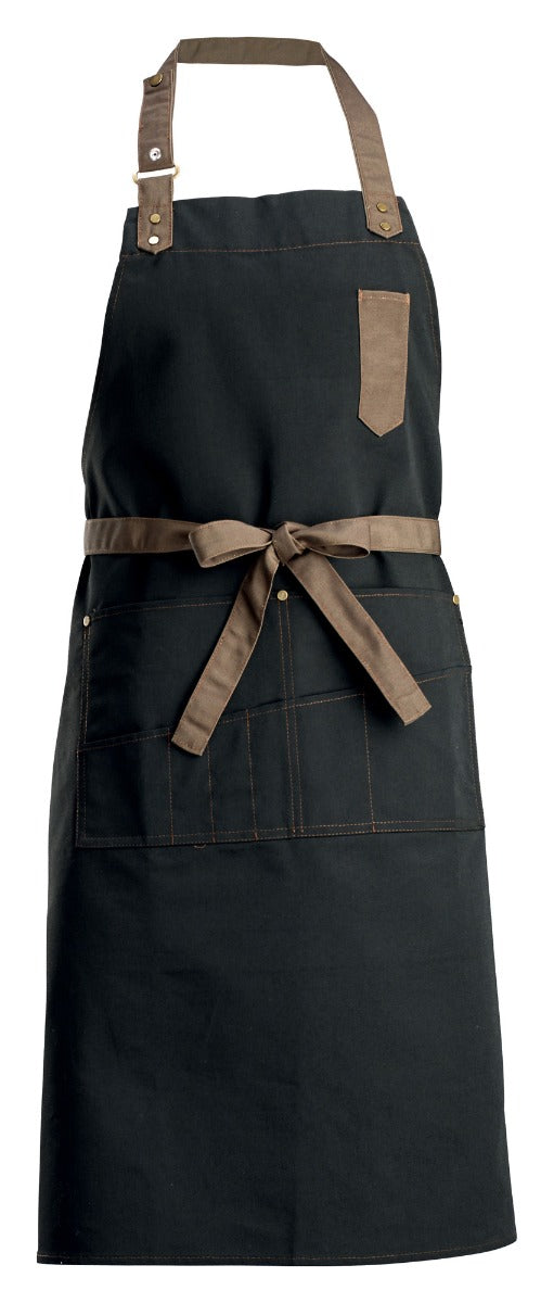 Winco BA-3327K Signature Chef Poly-Cotton Mid-Weight Adjustable Full Length Bib Apron with 8 Waist Pockets and 1 Thermometer/Pen Pocket 33-1/2"L x 27"W- Black - 24/Case