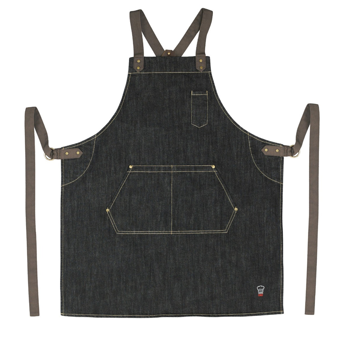 Winco BADN-3126 Signature Chef Heavyweight Full Length Denim Bib Apron with Brown Cross-Back Straps & 3 Pockets 31-3/4"L x 26-3/4"W - Dark Wash Blue