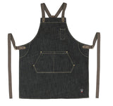 Winco BADN-3126 Signature Chef Heavyweight Full Length Denim Bib Apron with Brown Cross-Back Straps & 3 Pockets 31-3/4"L x 26-3/4"W - Dark Wash Blue