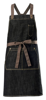 Winco BADN-3126 Signature Chef Heavyweight Full Length Denim Bib Apron with Brown Cross-Back Straps & 3 Pockets 31-3/4"L x 26-3/4"W - Dark Wash Blue