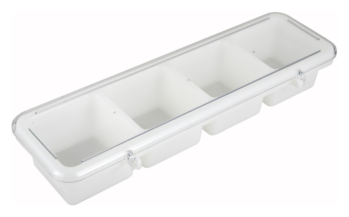 Winco BC-4P Plastic 4-Compartment Bar Caddy Condiment Holder with Clear Cover 18"L x 5"W x 3"H - White - 2/Case