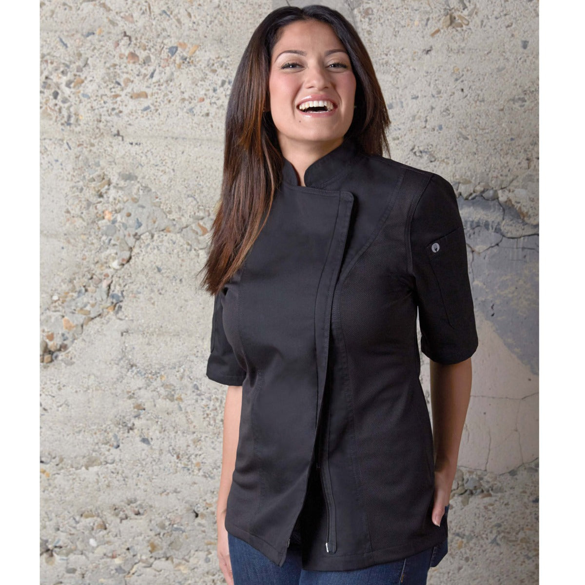 Chef Works BCWSZ006BLKS Women's Springfield Short Sleeve Single-Breasted Chef Coat with Zipper - Black / Small