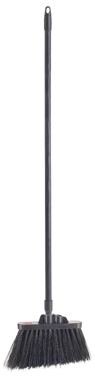 Winco BRAU-9K-H Heavy-Duty Angled Broom with Black Unflagged Bristles and 48"L Black Fiberglass Handle - 12/Case