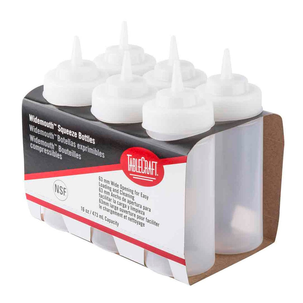 TableCraft C11663C Widemouth Polyethylene Squeeze Bottle with Natural Wide Cone Tip and 63 mm Opening 16 oz. - Clear - (8) 6-Packs/Case