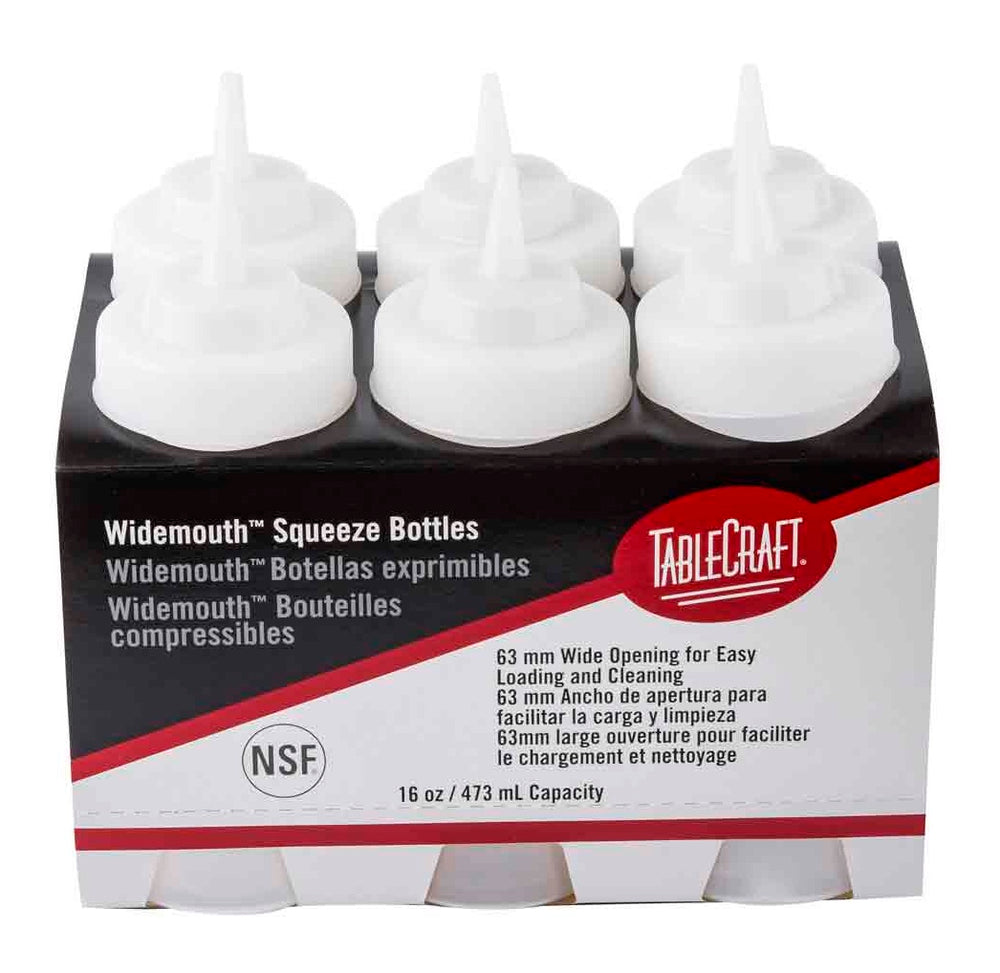 TableCraft C11663C Widemouth Polyethylene Squeeze Bottle with Natural Wide Cone Tip and 63 mm Opening 16 oz. - Clear - (8) 6-Packs/Case