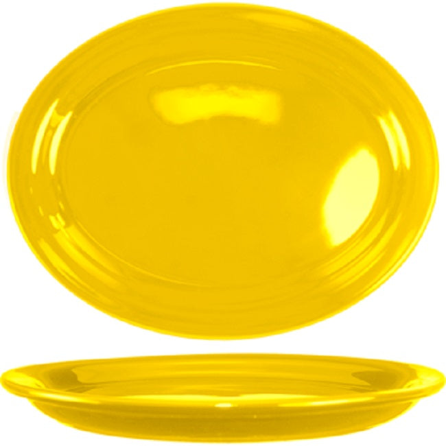 International Tableware CAN-13-MIX Cancun Mixed-Color Rolled Edge Narrow Rim Oval China Platter 11-3/4" x 9-1/4" - 12/Case