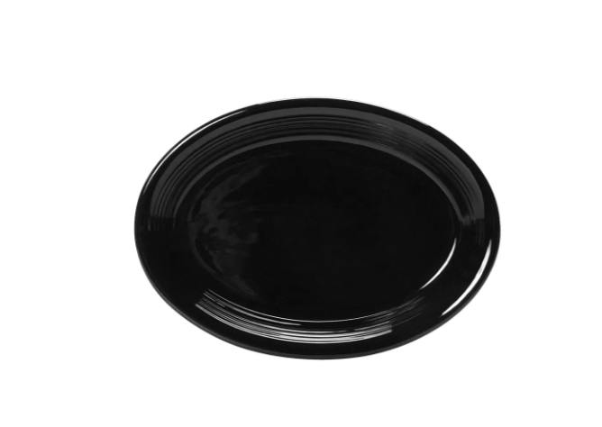 Tuxton CBH-1352 13 1/2" x 9 3/4" Oval Concentrix®© Platter - Ceramic, Black - 6ea/Case