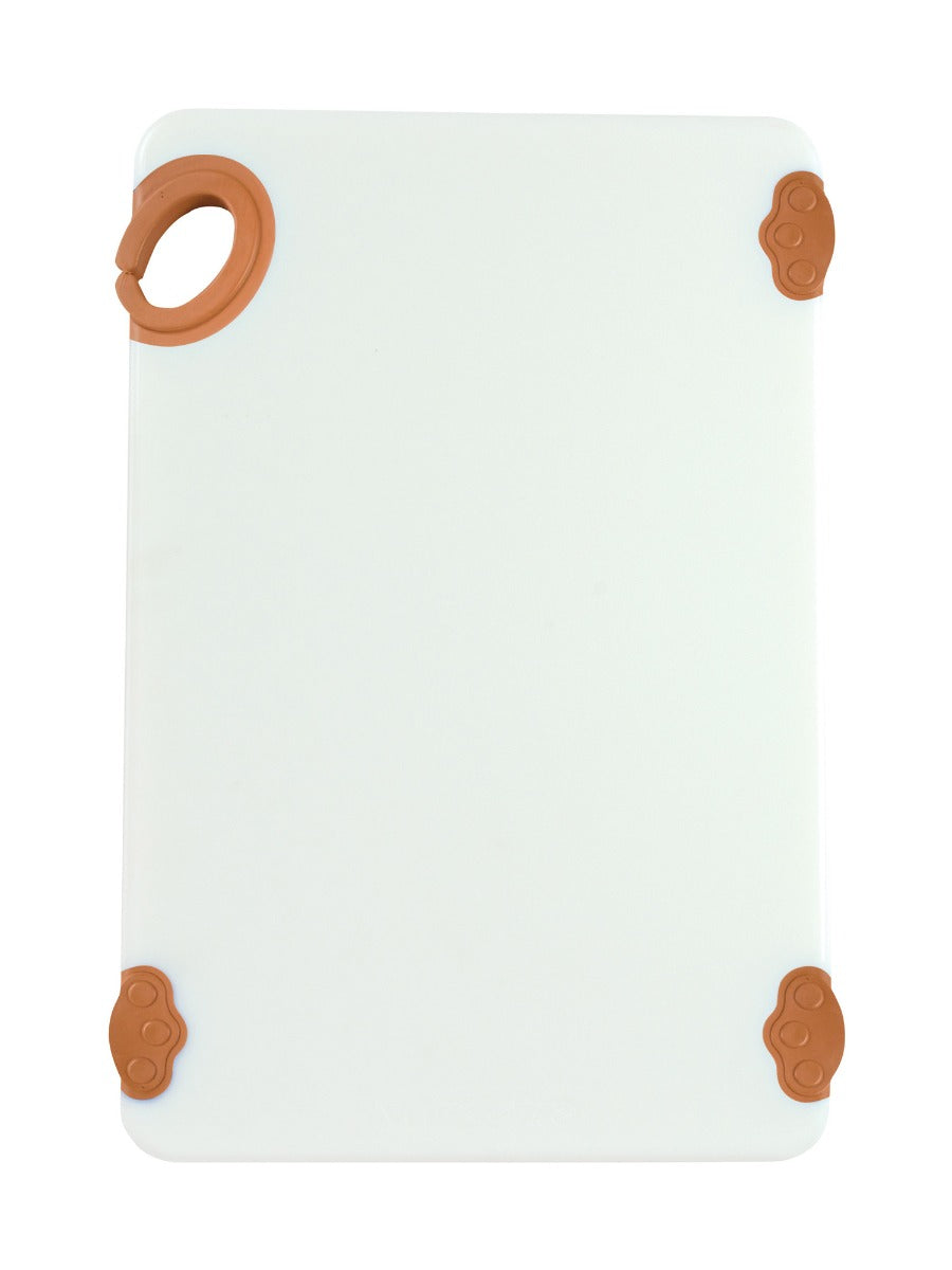Winco CBN-1218BN STATIKBoard Co-Polymer HACCP Color-Coded Cutting Board with Rubber Grip Hook and Non-Slip Feet 12" x 18" x 1/2" - Brown / White - 6/Case