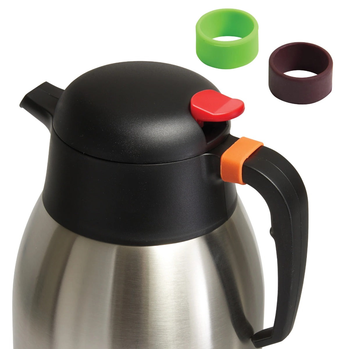 Winco CF-1.2 Stainless Steel Lined Insulated Carafe with Plastic Black/Red Push Button Top - 1.2 Liter - 8/Case