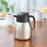 Winco CF-1.2 Stainless Steel Lined Insulated Carafe with Plastic Black/Red Push Button Top - 1.2 Liter - 8/Case