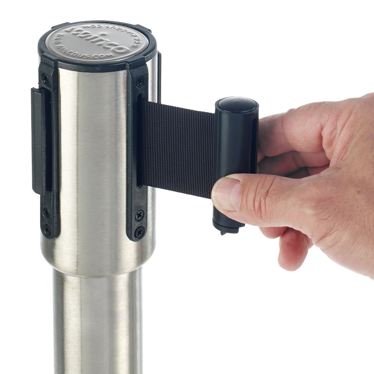 Winco CGS-38S Crowd Control Guidance System Stainless Steel Stanchion Post 35-1/2"H with 6-1/2' Retractable Belt - Silver