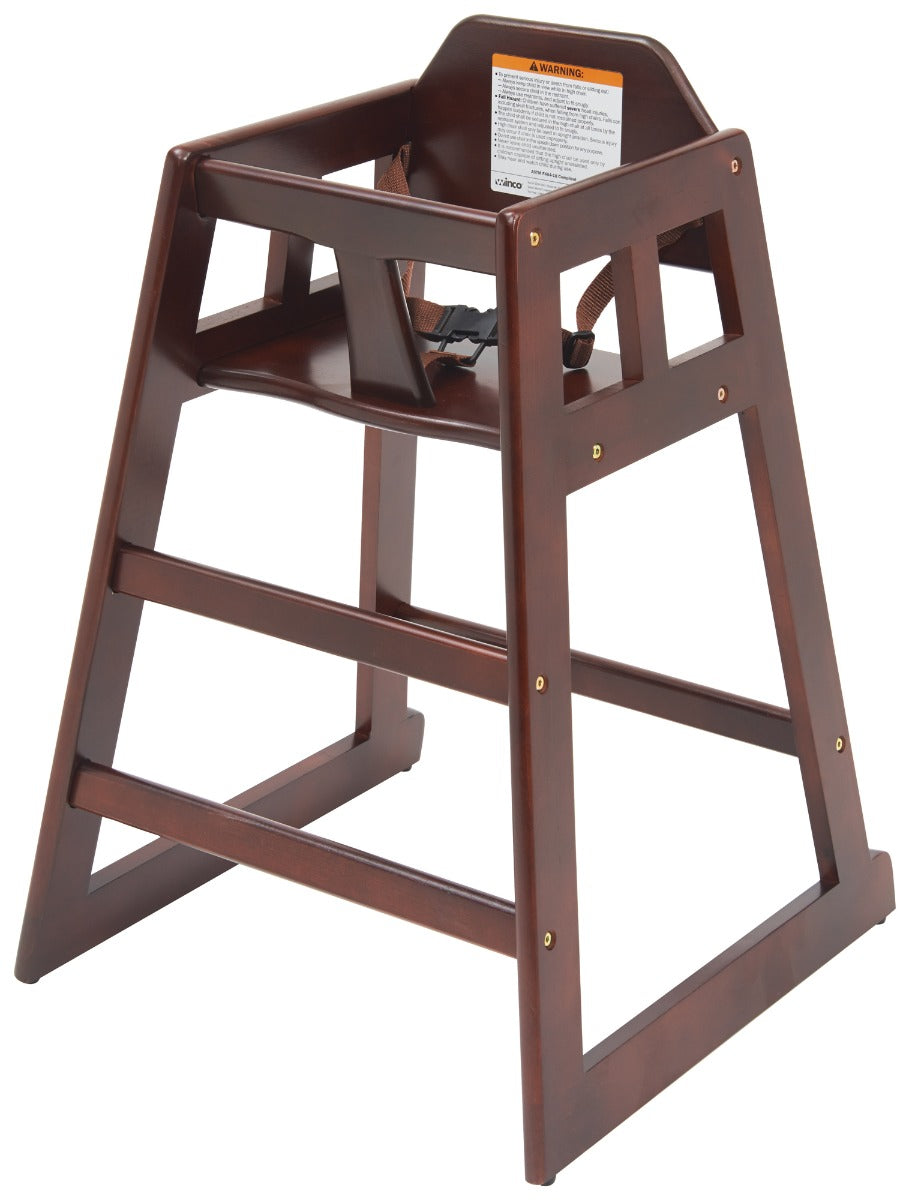 Winco CHH-103 Stackable Rubber Wood High Chair with Buckle Strap 29-1/4"H - Mahogany - Unassembled
