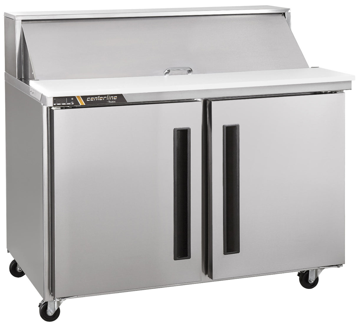 Traulsen Centerline CLPT-4812-SD-LR 2-Section Left/Right Hinged 2 Solid Door Compact Refrigerated Sandwich/Salad Prep Table with Roll-Top Lid 48" - Holds 12 (1/6) 4" deep pans (included) - 115v