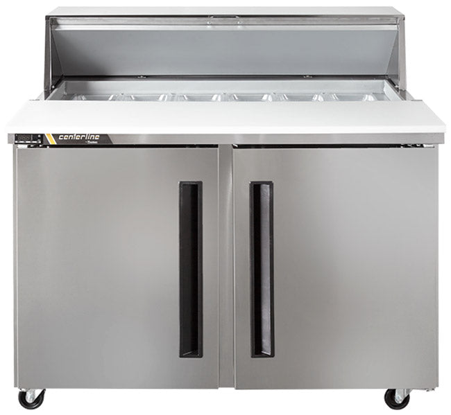 Traulsen Centerline CLPT-4812-SD-LR 2-Section Left/Right Hinged 2 Solid Door Compact Refrigerated Sandwich/Salad Prep Table with Roll-Top Lid 48" - Holds 12 (1/6) 4" deep pans (included) - 115v