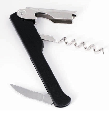 Winco CO-712 Economy Stainless Steel Waiter's Corkscrew with Foil Cutter & Bottle Cap Opener 8-1/4"L - Black - 12/Case