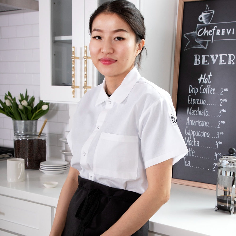 Chef Revival CS006WH-L Unisex Poly/Cotton Short Sleeve Cook Shirt with Front Snaps and Chest Pocket - White - Size Large