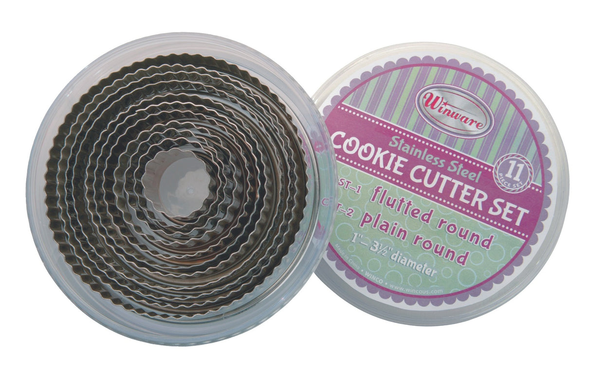 Winco CST-1 Stainless Steel 11-Piece Fluted Round Cookie Cutter Set with Storage Container - 48 Sets/Case