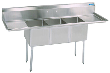 Culitek C3T15X15X12-15LR 75 inch stainless steel 3-compartment sink with left and right drainboards