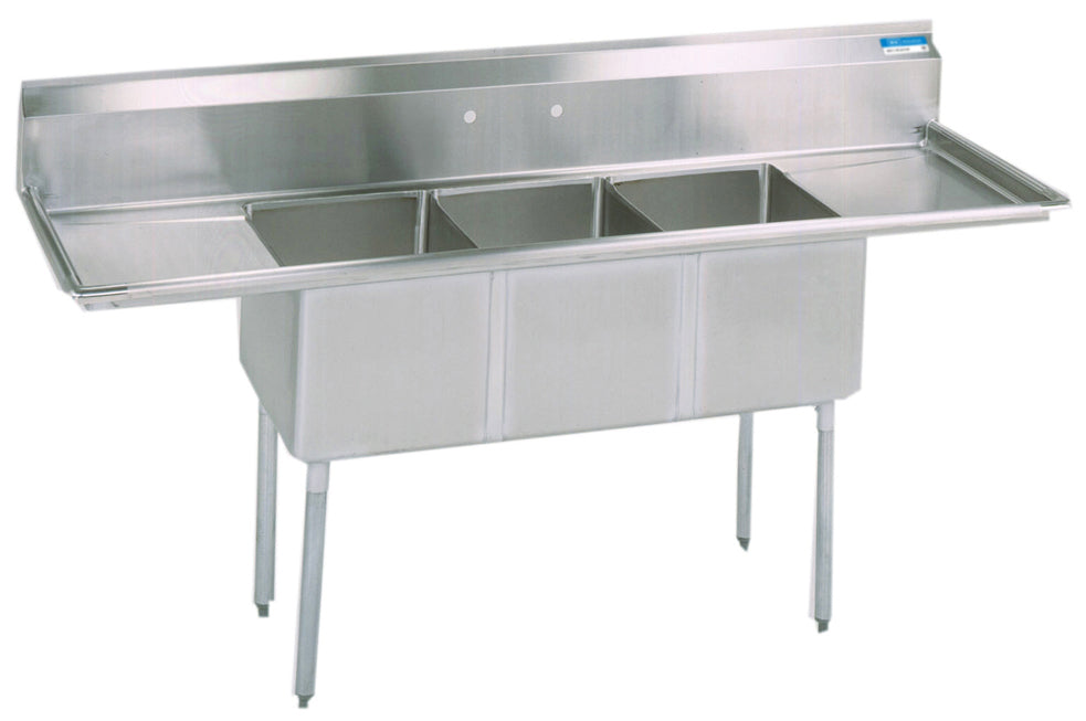 Culitek C3T18181218LR 90 inch stainless steel 3-compartment sink with left and right drainboards