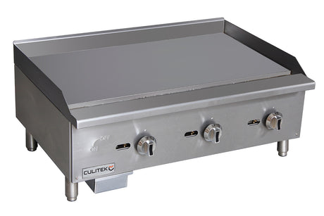 Culitek CULECTG36NG SS-Series 36 inch countertop natural gas griddle with 3 burners and manual controls 90,000 BTU
