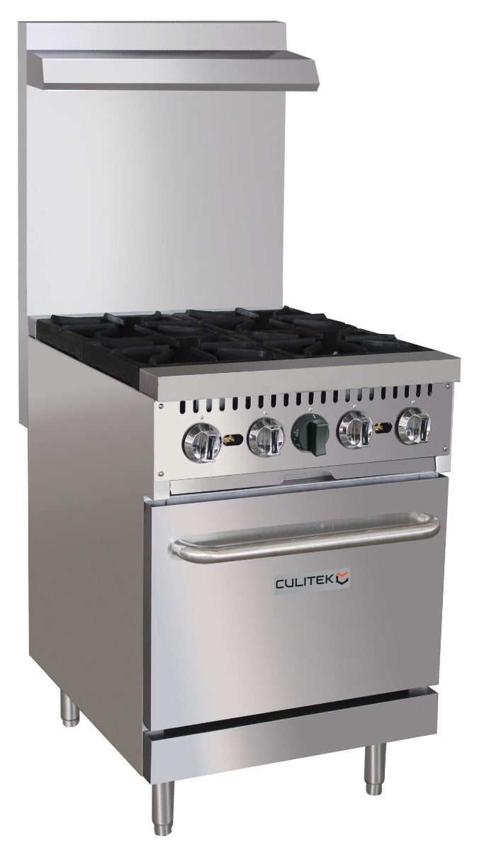 Culitek CULGR24NG 24 inch commercial natural gas range with four burners and standard oven stainless steel