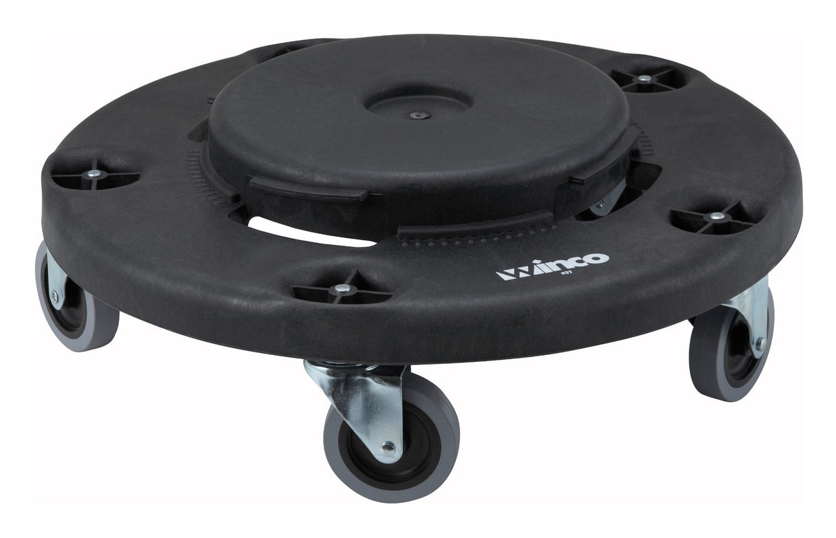 Winco DLR-18 Plastic Twist-On Round Trash Can Dolly with Raised Center 18" - Black - 400 lb Capacity