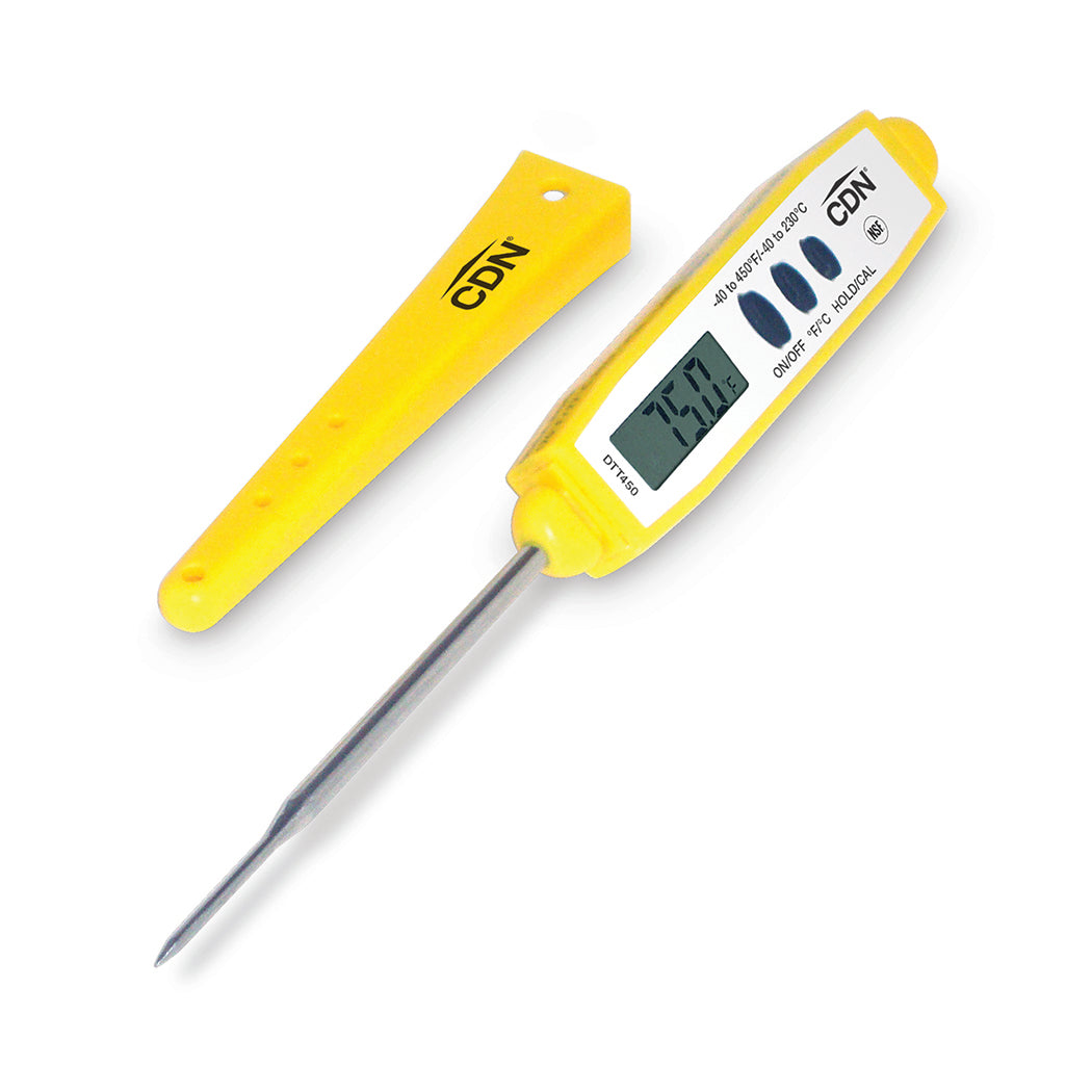 CDN DTT450 Waterproof Thin Tip Digital Probe / Pocket Thermometer with 2-3/4" Stem - Yellow - -40 to 450 Degrees F