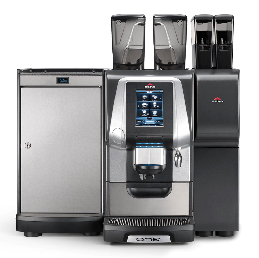 Used Egro USA EGRO ONE-TOUCH TOP MILK XP Super-Automatic Espresso Coffee Machine with a KS9 Countertop Single Gallon Milk Fridge and a Powder Module 30"W x23"D x 31"H - 220v