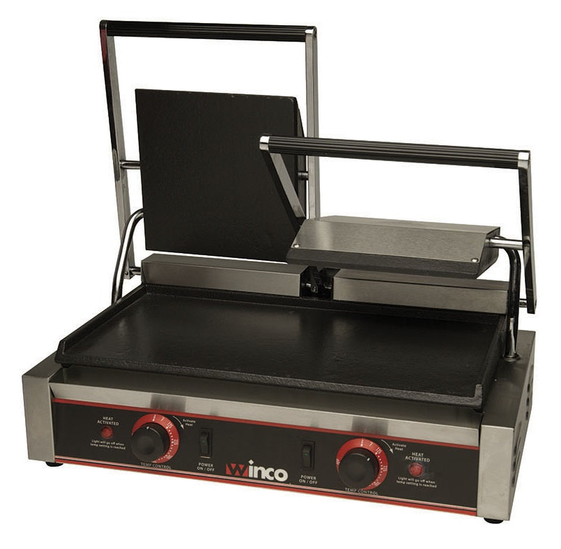 Winco ESG-2 Electric Double Sandwich Grill Press with Cast Iron Smooth Plates and 19" x 9" Cooking Surface - 120v