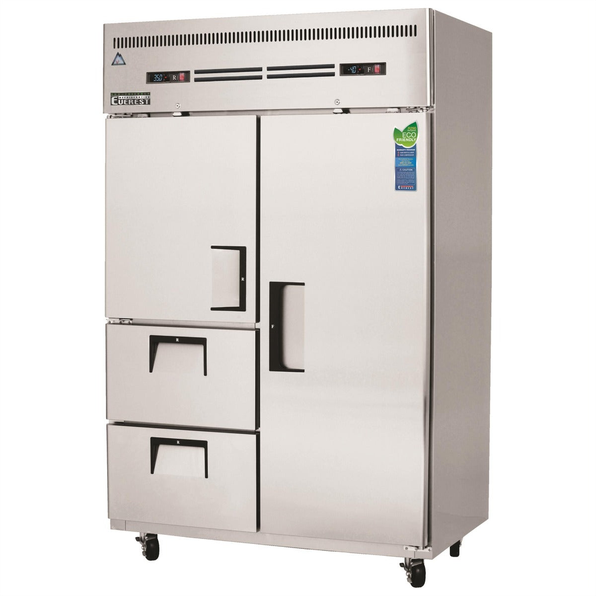 Everest Refrigeration ESRF2D2 2-Section 1 Full & 1 Half Solid Door / 2-Drawer Reach-In Dual Temp Refrigerator/Freezer Combo 50" - 115V