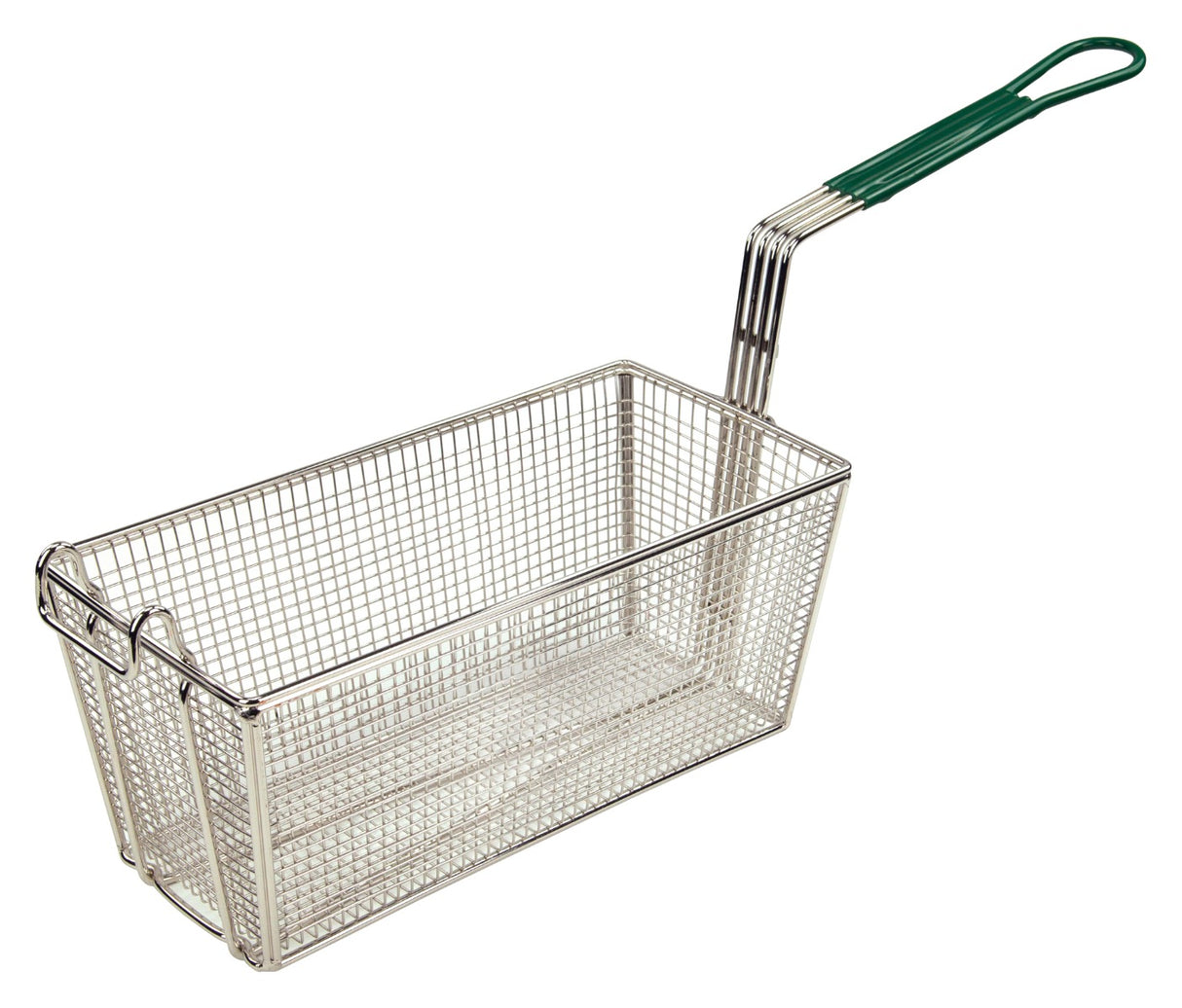 Winco FB-30 Nickle Plated Wire Twin / Half Size Fryer Basket with Front Hook and Green Plastic Coated Handle 13-1/4"L x 6-1/2"W x 6"H